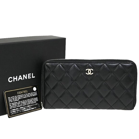 CHANEL CC Logo Matelasse Zip Around Long Wallet Leather Black Silver - Picture 1 of 16